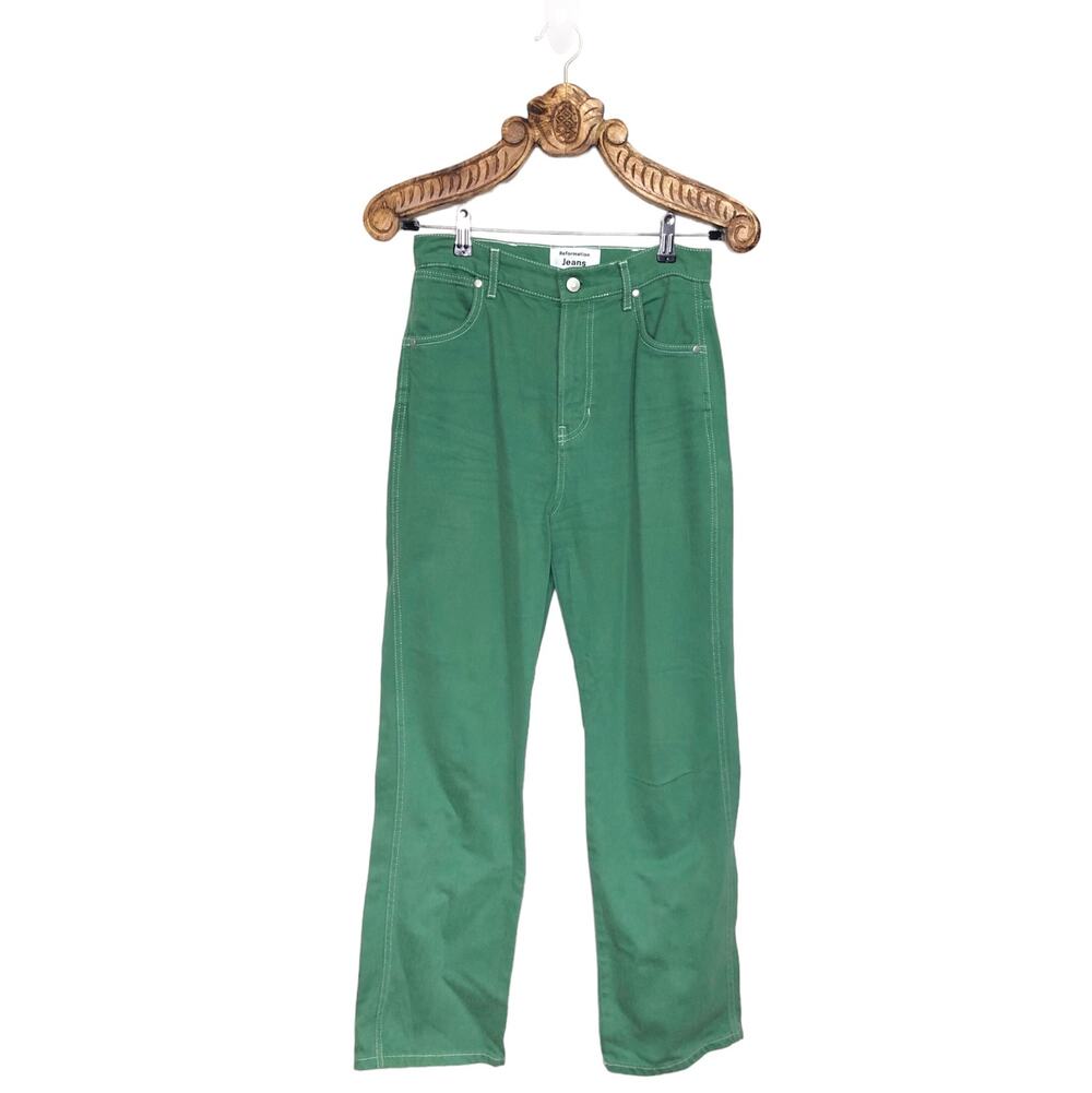 Reformation Jeans Straight Leg Green Grass High Waist Topstitch Crop Ankle 27